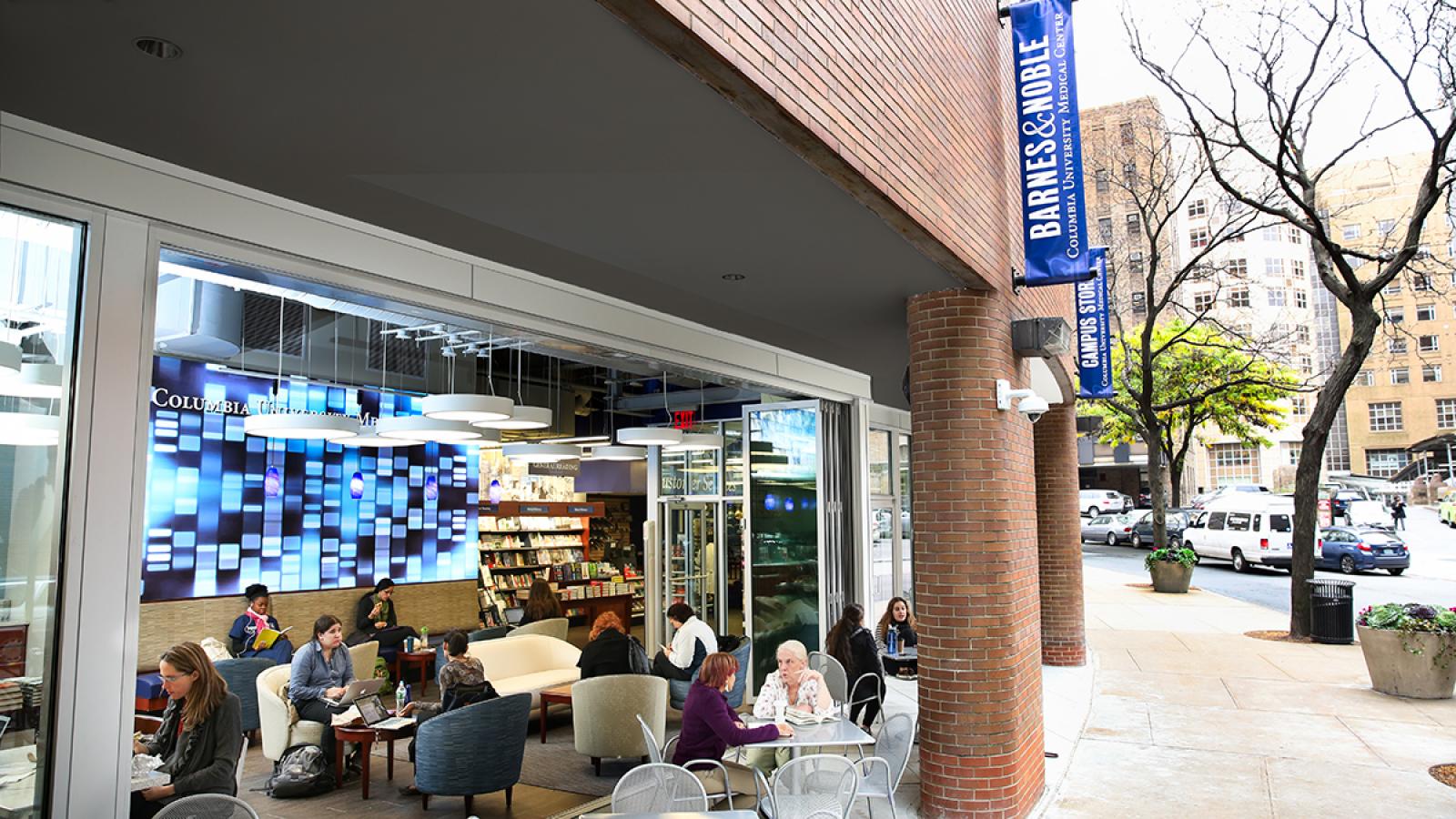 People sitting outside with coffee.