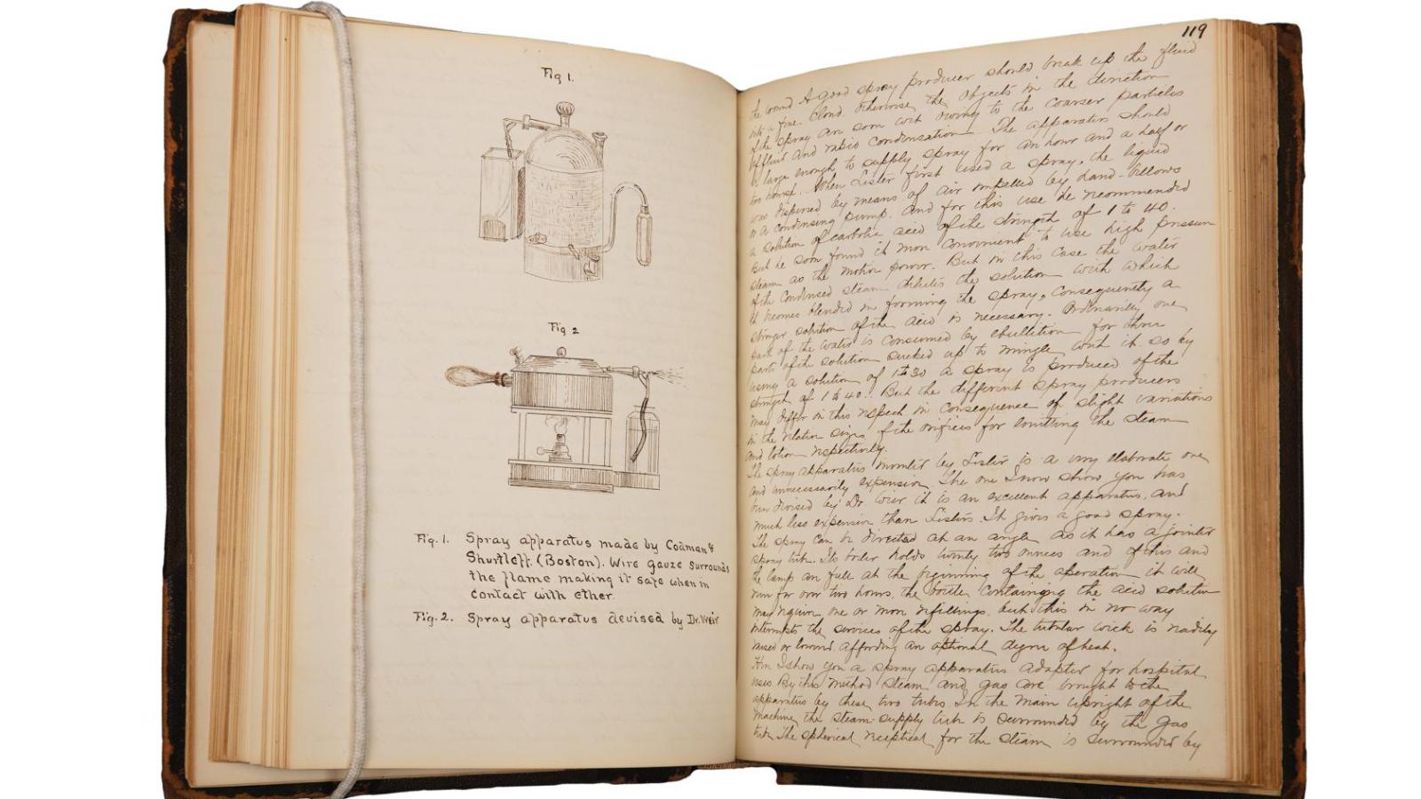 A student notebook featuring a black-and-white depiction of an antiseptic “spray apparatus”