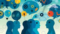 Abstract illustration of multiple human profiles connected by speech bubbles, gears, icons, and arrows.