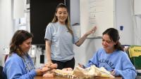 Physical therapy students study anatomical models during a classroom lab.