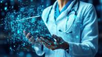 Doctor looking at tablet with AI graphics swirling around