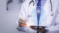 ai concept with doctor holding ipad wearing a white coat and stethoscope