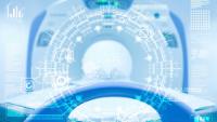 Futuristic digital overlay of medical data and schematics on an MRI scanner